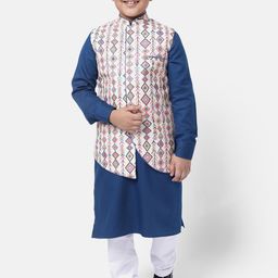 NAMASKAR Boys Navy Blue & White Regular Pure Cotton Kurta with Churidar & Jacket-picture-16