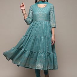 Biba Ethnic Motifs Printed Layered Kurta with Leggings & Dupatta-12