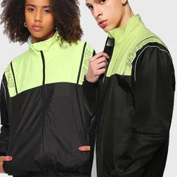 Bewakoof Unisex Black Colourblocked Windcheater Mock Collar Long Sleeves Bomber Jacket-26