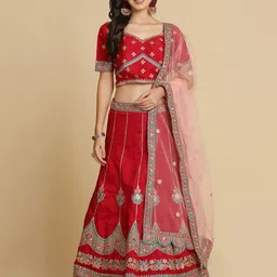 Warthy Ent Maroon & Blue Embroidered Thread Work Semi-Stitched Lehenga & Unstitched Blouse With Dupatta-0