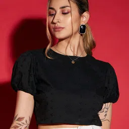 SASSAFRAS Black Puff Sleeve Pure Cotton Schiffli Crop Top-image-70