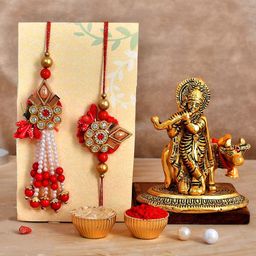 CraftVatika Set Of 3 Rakhi With Pentbuns Radha Krishna Idol With Roli Chawal-image-21