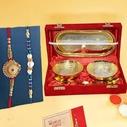 CraftVatika Set of 4 Rakhis With Bowl & Greetings Card with Roli Chawal-26