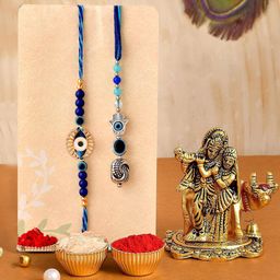 CraftVatika Set Of 3 Evil Eye Rakhis With Radha Krishna Idol & Roli Chawal-image-38