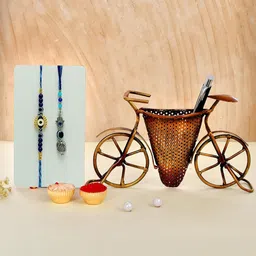 CraftVatika Set Of 3 Evil Eye Charm Rakhi With Cycle Penstand Roli Chawal-image-71
