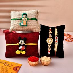 CraftVatika Set Of 5 Stone-Studded & Beads Rakhi With Show Piece Roli & Greeting Card-image-4