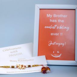 PANASH Gold-Plated Elephant Charm Rakhi With Roli Chawal & Photo Frame Gift Set-image-80
