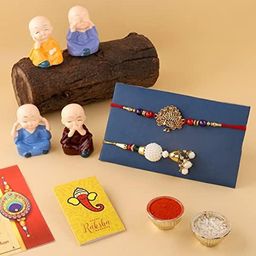 CraftVatika Set Of 6 Stone-Studded & Beaded Rakhis With Idols Roli Rice & Greeting Card-image-3
