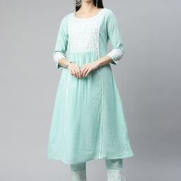 AMIRAS INDIAN ETHNIC WEAR Women Turquoise Blue Yoke Design Pleated Pure Cotton Kurta with Trousers-image-55