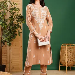 ADA Ethnic Motifs Embroidered Chikankari Kurta with Trousers-picture-10