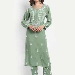 ADA Ethnic Motifs Embroidered Chikankari Kurta with Trousers-image-57