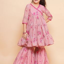 Bitiya by Bhama Girls Pink Floral Print Sequinned Cotton Angrakha Kurta with Sharara-image-22