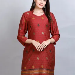 KIDAR Ethnic Motifs Woven Design V-Neck Jacquard Straight Kurti-picture-23