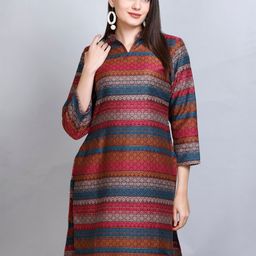 KIDAR Ethnic Motifs Woven Design Shirt Collar Cotton Silk Jacquard Straight Kurti-image-95