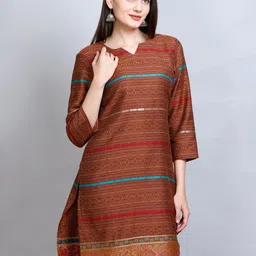 KIDAR Ethnic Motifs Woven Design V-Neck Jacquard Straight Kurti-picture-50