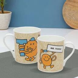 CLAY CRAFT White & Beige Mr Tickle Printed Ceramic Glossy Set of 2 Mugs-17