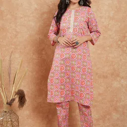 InWeave Floral Printed Regular Pure Cotton Straight Kurta with Trousers-picture-46