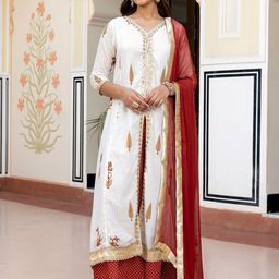 Janasya Ethnic Motifs Printed Sequined Pure Cotton A-Line Kurta & Palazzos With Dupatta-image-89