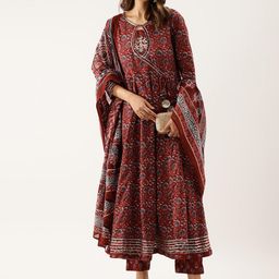 Divena Women Maroon Ethnic Motifs Printed Regular Gotta Patti Pure Cotton Kurta with Trousers & With Dupatta-49