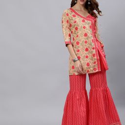 Jaipur Kurti Women Yellow Floral Printed Panelled Gotta Patti Pure Cotton Kurti with Sharara-picture-36