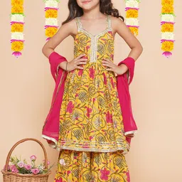 Bitiya by Bhama Girls Yellow Floral Printed Empire Gotta Patti Pure Cotton Kurta with Sharara & With Dupatta-image-67