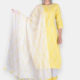 VEDANA Women Yellow & White Geometric Kurta with Palazzo & With Dupatta-picture-18