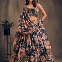 FABPIXEL Blue & Peach-Coloured Embroidered Sequinned Shibori Semi-Stitched Lehenga & Unstitched Blouse With-3