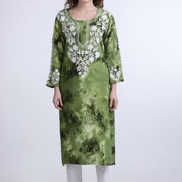 FAWOMENT Floral Dyed Flared Sleeves Chikankari Shadow Work Kurta-image-33