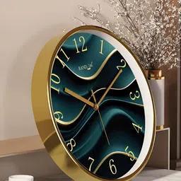 RANDOM Gold Toned & Green Printed Contemporary Round Wall Clock-37