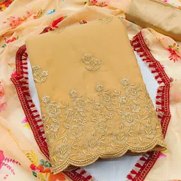 KALINI Yellow & Cream Embroidered Silk Georgette Unstitched Dress Material-image-22