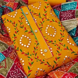 KALINI Yellow & Red Embroidered Pure Cotton Unstitched Dress Material-2
