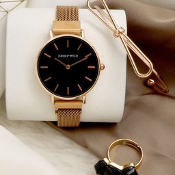 JOKER & WITCH Women Black & Rose Gold-Toned Midnight Kiss Love Triangle Watch Set JWLT383-19
