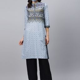 Biba Women Blue Yellow Pure Cotton Printed Straight Kurta-25