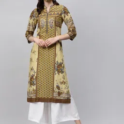 Biba Women Mustard Yellow Brown Printed Pure Cotton Straight Kurta-image-57