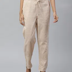akheri Women Beige Tapered Fit Embroidered Detail Regular Trousers-image-4