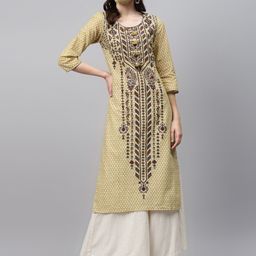 Biba Women Mustard Yellow Brown Printed Pure Cotton Straight Kurta-picture-13