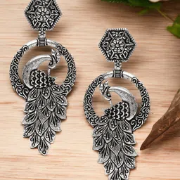 Sangria Silver-Toned Peacock Shaped Oxidised Drop Earrings-0