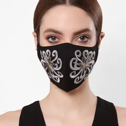 Anekaant Women Black & Silver Embroidered Cotton 3-Ply Reusable Cloth Mask-image-50