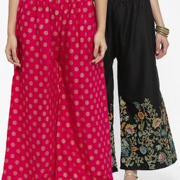 Clora Creation Women Pink & Black Pack Of 2 Floral Printed Flared Knitted Ethnic Palazzos-79