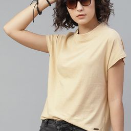 The Roadster Lifestyle Co Women Beige Cotton Solid Round Neck Pure Cotton T-shirt-image-64
