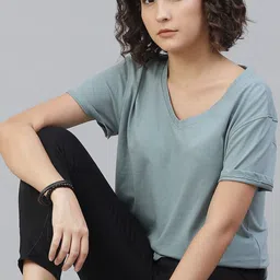 Roadster Women Green Solid Pure Cotton V-Neck Pure Cotton T-shirt-image-13