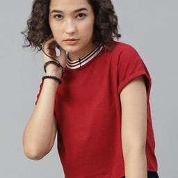 The Roadster Lifestyle Co Women Red Cotton Solid Round Neck Boxy Fit Cropped Pure Cotton T-shirt-image-32