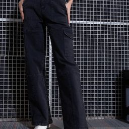SASSAFRAS Women Black Straight Fit High-Rise Light Fade Stretchable Cargo Jeans-image-87