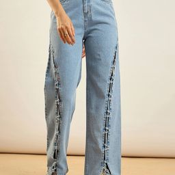 SASSAFRAS Women Straight Fit High-Rise Mildly Distressed Acid Wash Stretchable Jeans-image-41