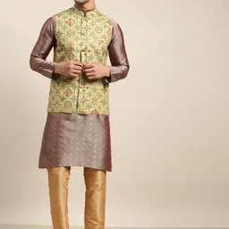 SOJANYA Men Grey Kurta with Churidar & Nehru Jacket-3
