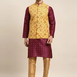 SOJANYA Men Purple Woven Design Kurta & Churidar Comes With a Nehru Jacket-picture-16
