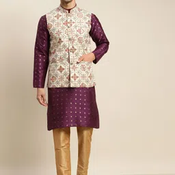 SOJANYA Men Purple Kurta with Churidar & Nehru Jacket-35