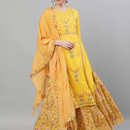 Ishin Women Yellow & Pink Floral Embroidered Kurta with Skirt & Dupatta-18