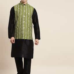 SOJANYA Men Black & Green Kurta with Pyjamas & Embroidered Nehru Jacket-picture-1