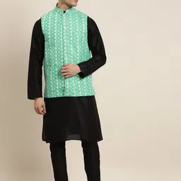 SOJANYA Men Black & Sea Green Kurta with Pyjamas & Embroidered Nehru Jacket-picture-3